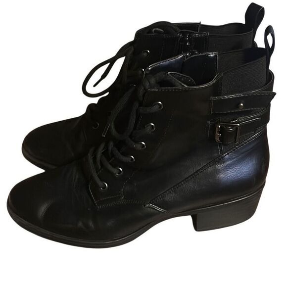 Black Lace‎ Up Ankle Boots with Buckle Detail, Fashion Combat Booties - Picture 4 of 7